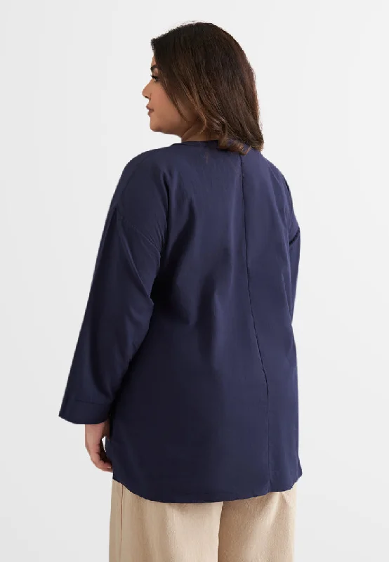 Leia Linen Half Button Stand Collar Blouse - Navy Blue