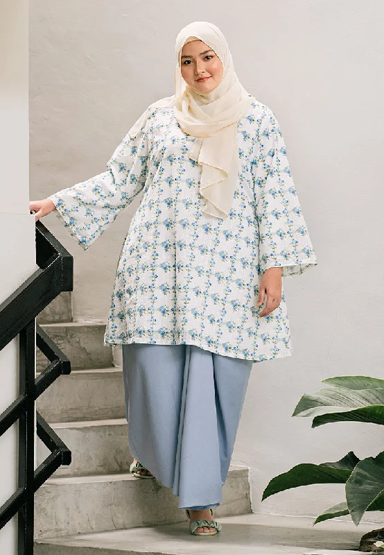 Melati High Neck Embroidery Long Kurung Top - Blue