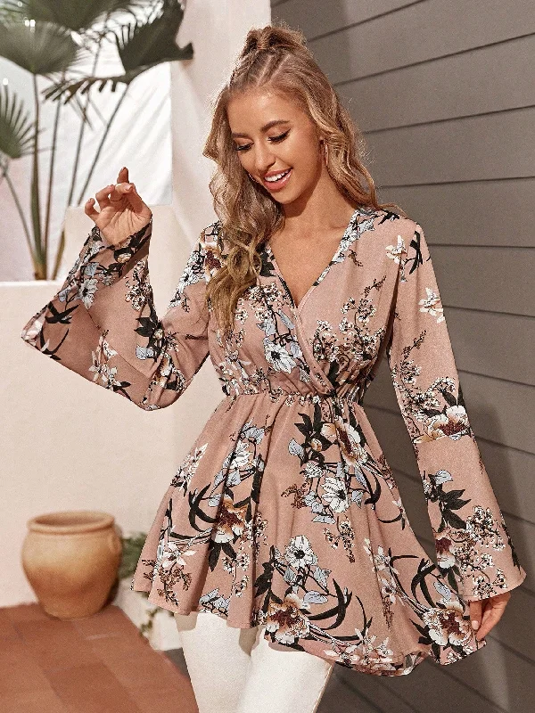 Floral Print Flare Sleeve Asymmetrical Hem Blouse