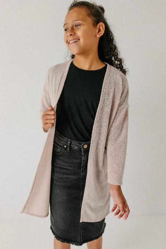 'Kyla' Girl Textured Knit Cardigan in Tan