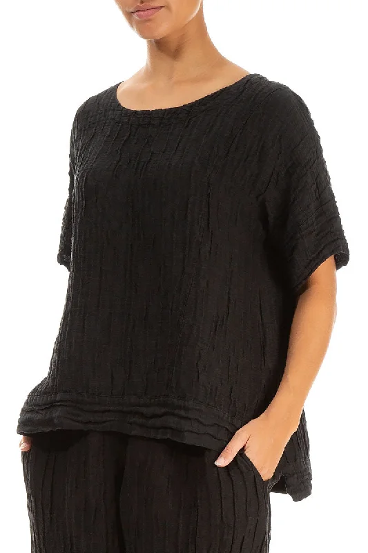 Longer Back Crinkled Black Silk Linen Blouse