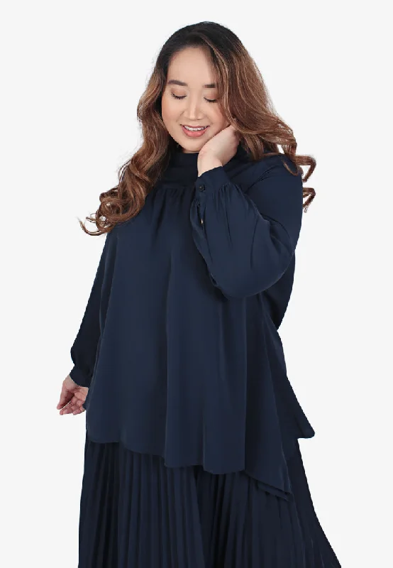 Hibah High Neck Asymmetrical Blouse - Navy Blue