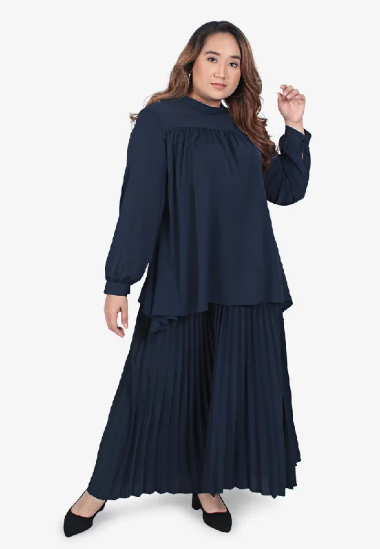 Hibah High Neck Asymmetrical Blouse - Navy Blue