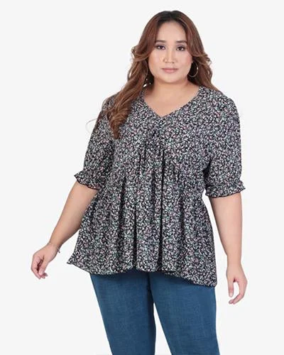 Valdeza V-neck Short Sleeve Printed Blouse - Black