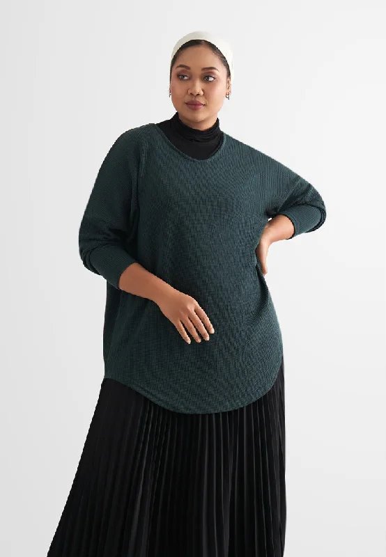 Wanetta Waffle Scoop Neck Knitted Long Top - Dark Green