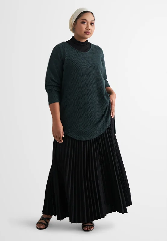 Wanetta Waffle Scoop Neck Knitted Long Top - Dark Green