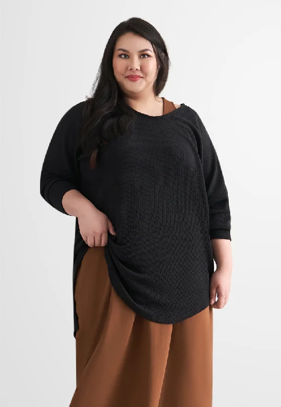 Wanetta Waffle Scoop Neck Knitted Long Top - Dark Green