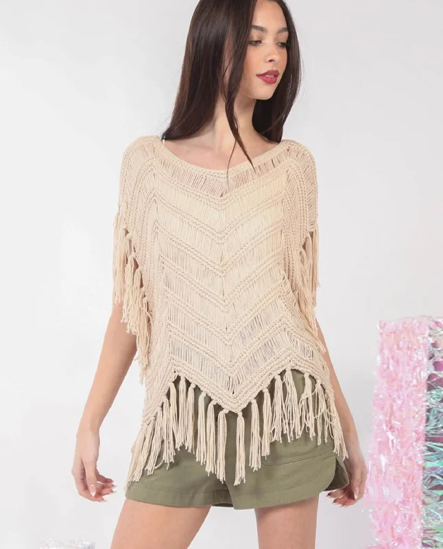 V-Neck Crochet Poncho Sleeveless Top with Tassels