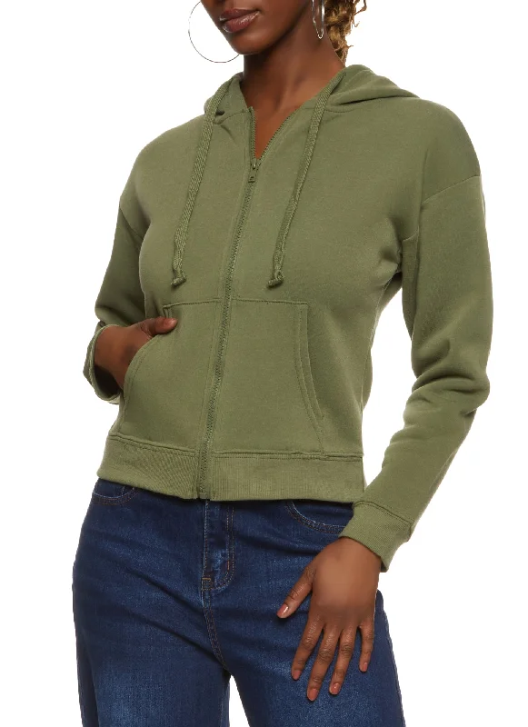 Fleece Solid Zip Front Hoodie