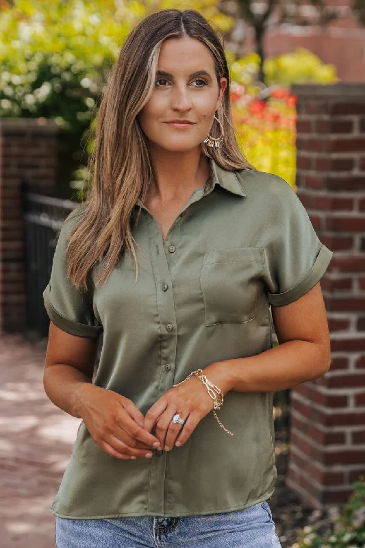 Olive Short Sleeve Satin Button Up Top