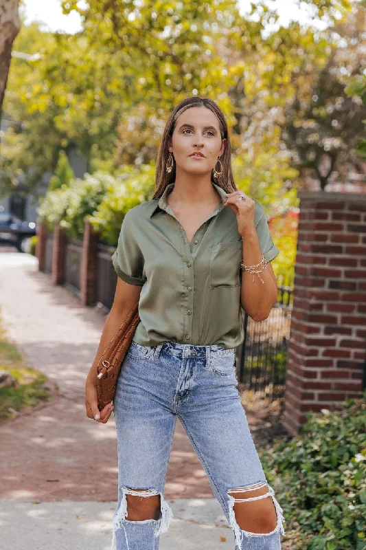 Olive Short Sleeve Satin Button Up Top