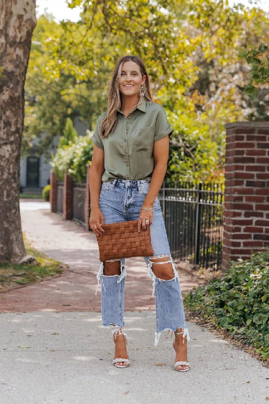 Olive Short Sleeve Satin Button Up Top