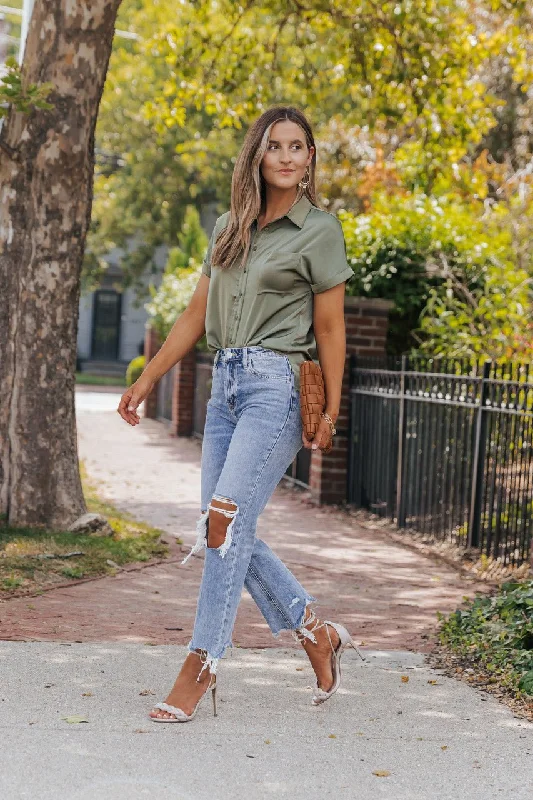 Olive Short Sleeve Satin Button Up Top