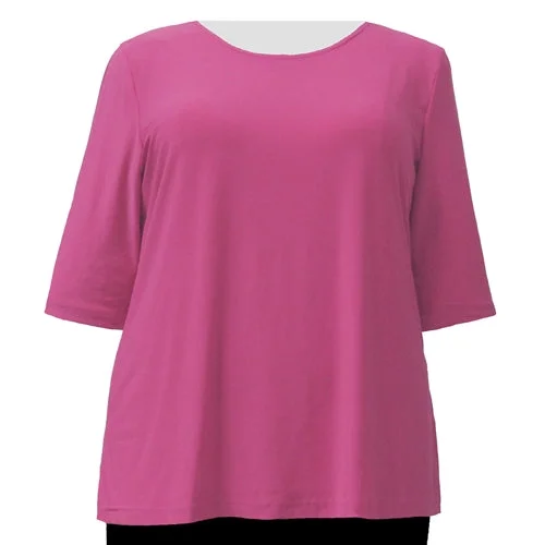 Pink 3/4 Sleeve Round Neck Pullover Top Women's Plus Size Top