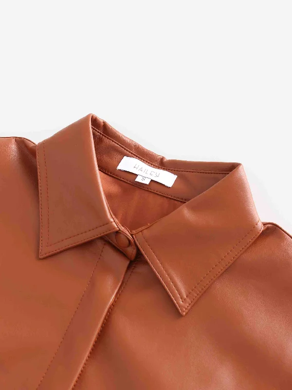 Snap Down Shacket-Cognac Leather