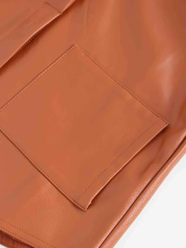 Snap Down Shacket-Cognac Leather