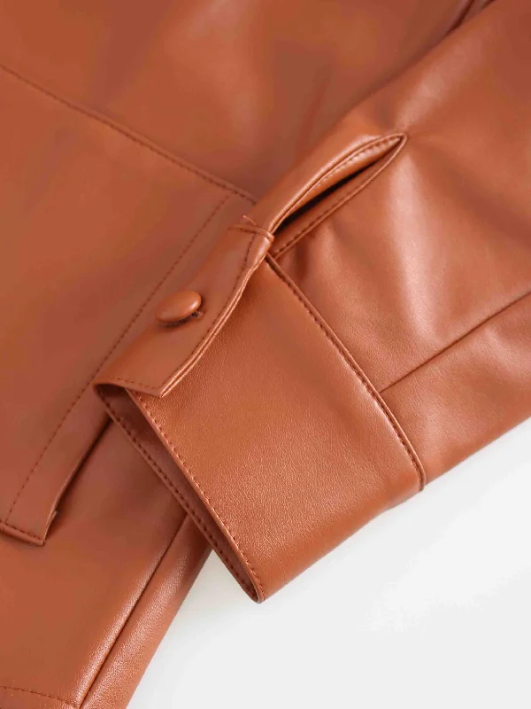 Snap Down Shacket-Cognac Leather