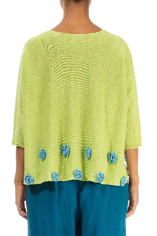 Turquoise Flowers Decorated Lime Linen Jumper