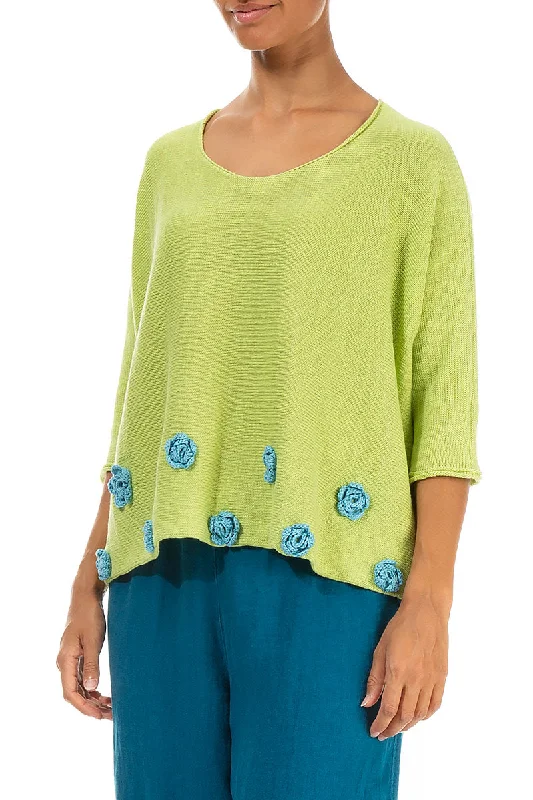 Turquoise Flowers Decorated Lime Linen Jumper