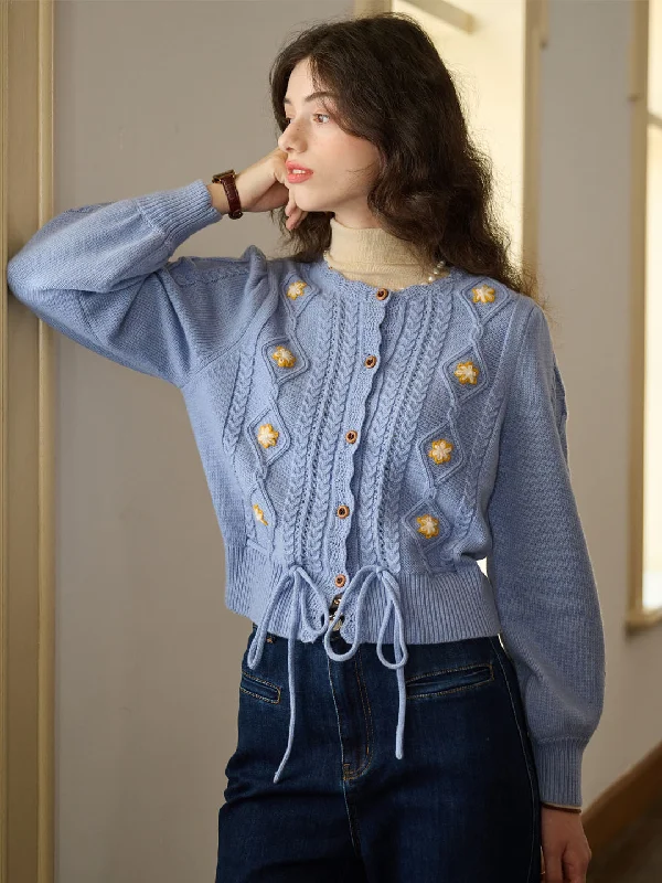 Willow Floral Embroidery Lantern Sleeve Knot Hem Knit Cardigan-Light Blue