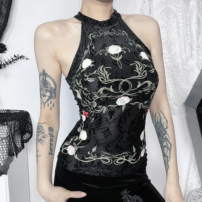 Women's Gothic Halterneck Floral Flocking Tank Top