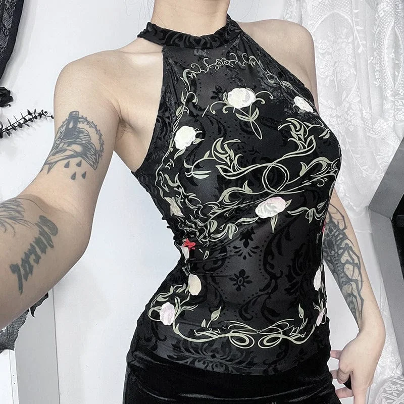 Women's Gothic Halterneck Floral Flocking Tank Top