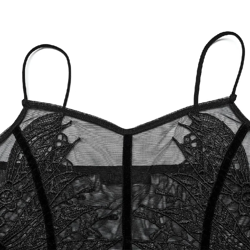 Women's Gothic Leaf Embroidered Mesh Tank Top