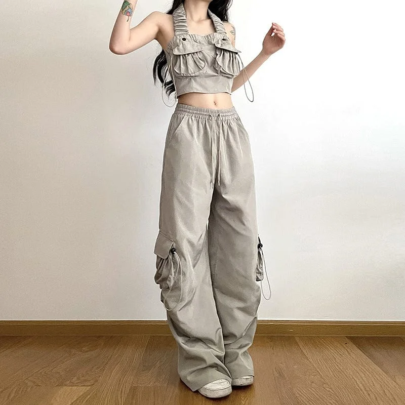 Women's Grunge Big-pocket Drawstring Casual Pants