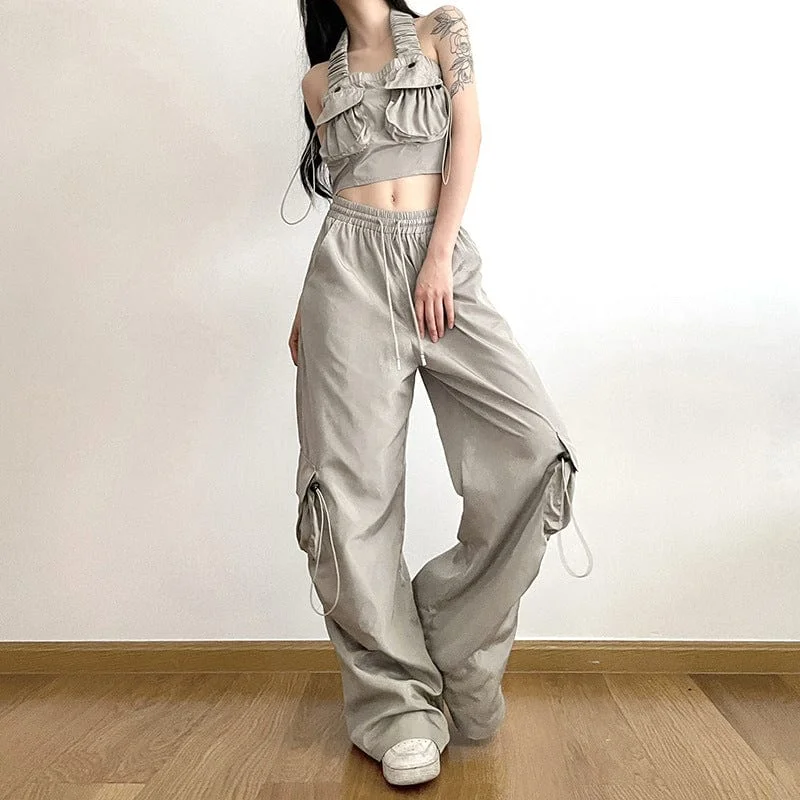 Women's Grunge Big-pocket Drawstring Casual Pants