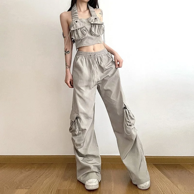 Women's Grunge Big-pocket Drawstring Casual Pants