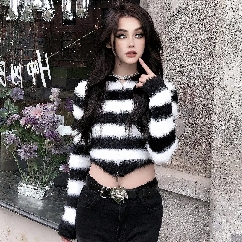 Women's Grunge Fluffy Striped Zipper Cardigan