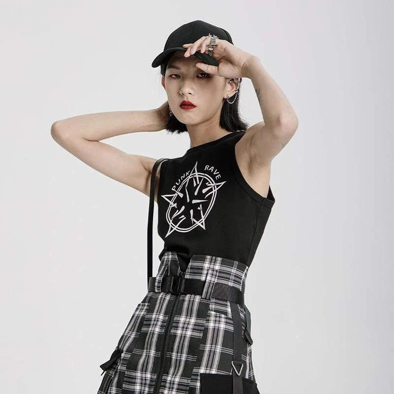 Women's Grunge Printed Slim Fitted Black Tank Tops