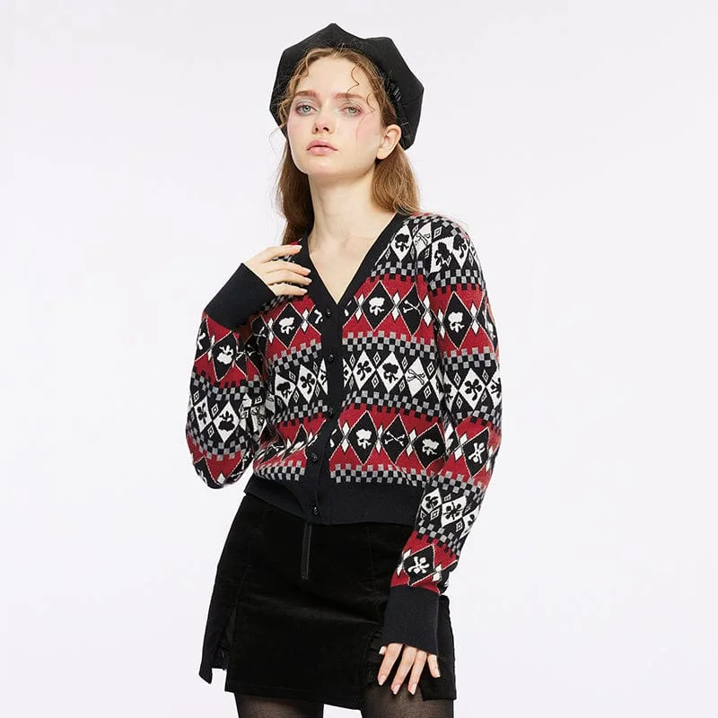 Women's Grunge Skull Diamond Knitted Cardigan