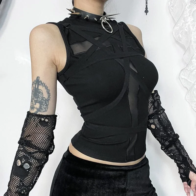 Women's Punk Cross Mesh Splice Strap Tank Top