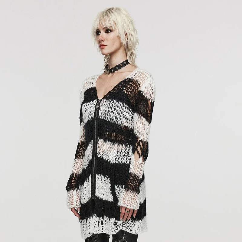 Women's Punk Striped Ripped Knitted Cardigan