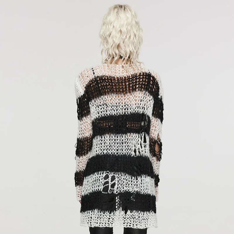 Women's Punk Striped Ripped Knitted Cardigan