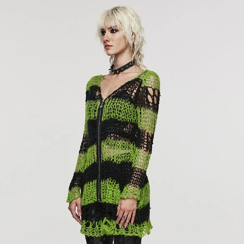 Women's Punk Striped Ripped Knitted Cardigan