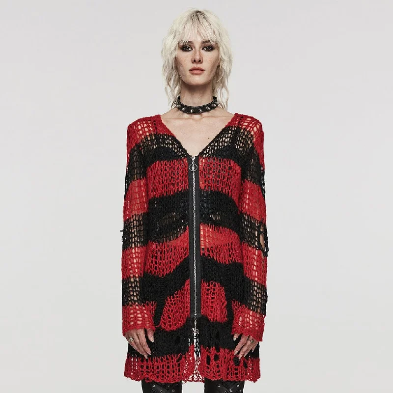 Women's Punk Striped Ripped Knitted Cardigan