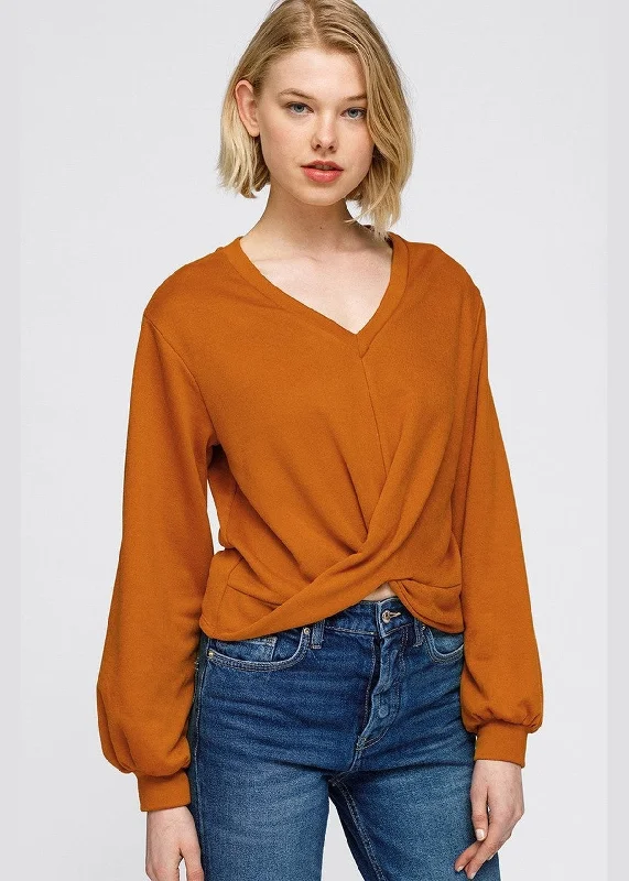 Women's V-Neck Wrap Front Sweatshirt In Burnt Orange