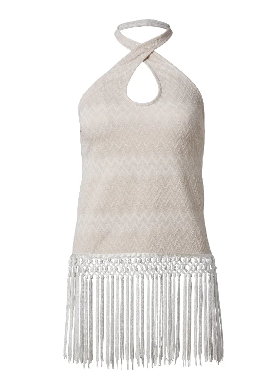 Textured fringe halter top - White Multi