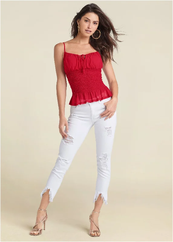 Smocked mesh top - Red