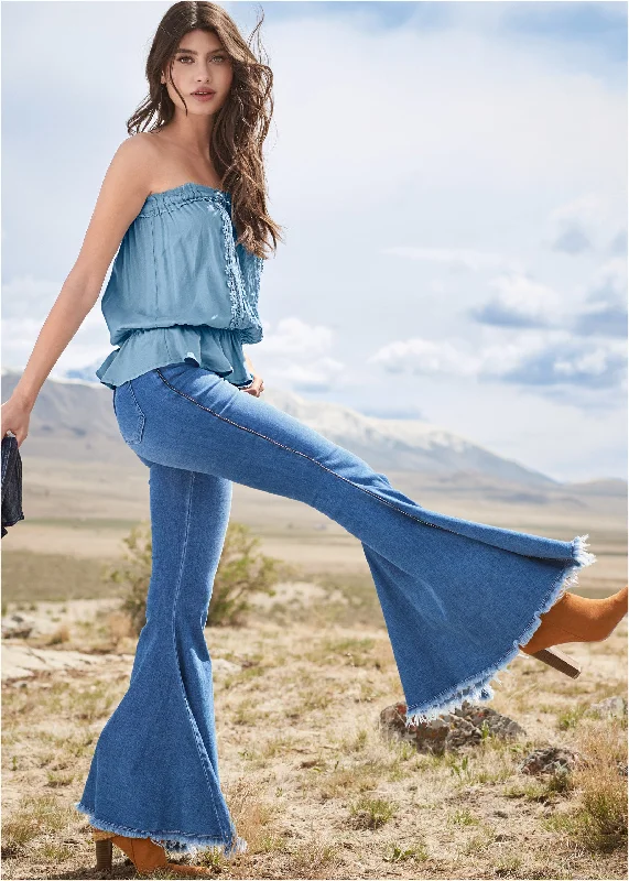 Tassel detail strapless top - Light Blue